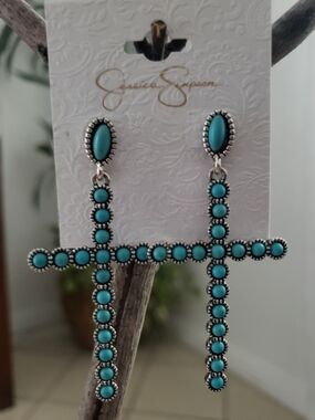 Jessica Simpson Turquoise Beaded Cross Drop Earrings Silver Tone